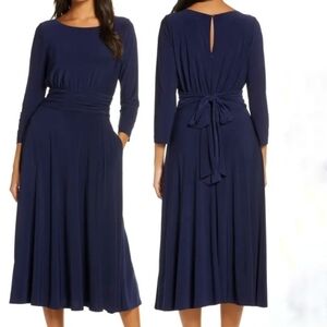 Julia Jordan NWT Back Tie Midi Dress 4 navy blue stretch jersey knit modest